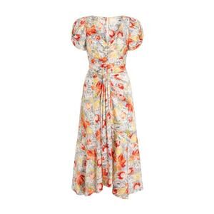 Cinq à Sept Walker Floral Midi Dress Size 6 Puff Sleeve Ruched Ivory Multi